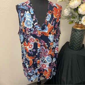 DR2 XL Navy Floral V-Neck Sleeveless Blouse Scallop Trim